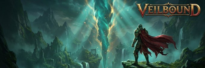 The image features a man standing atop a cliff overlooking a valley below. The scene appears to be set within a video game environment, as indicated by the presence of mountains and waterfalls in the background. The caption above the image reads "VEIL bound feels like it's aiming for the second category of this". This suggests that the game is focused on creating immersive and engaging gameplay experiences, with an emphasis on exploration, combat depth, and storytelling elements.