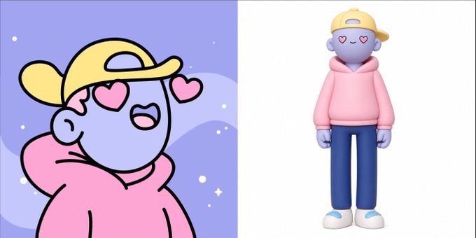 A side-by-side illustration of a cartoon character in a pink hoodie and yellow cap with heart eyes, shown both as a 2D drawing and a 3D render.