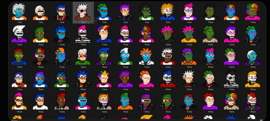 A grid displaying numerous small pixel art avatars of punk-style characters with various colorful hair and facial features against a black background, with filenames like '1.png' below each.