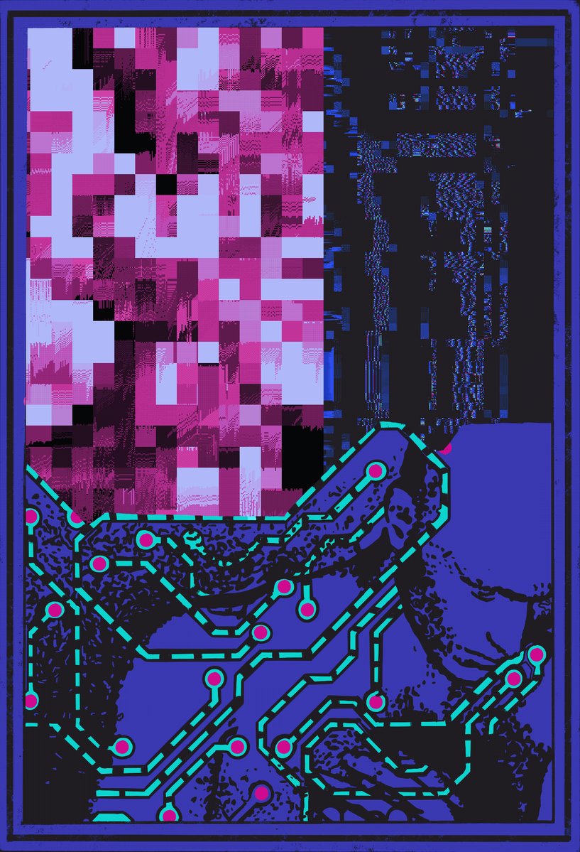 The image features a poster with a blue background, pink and purple elements, and a circuit board design. The poster has a digital art style that includes lines and dots, giving it an abstract appearance. The caption of the image reads "gm familia happy weekend 1/1 ILLUSIONS 3/0 buy now 1000 #tezosart". This text suggests that the poster is related to a sale or promotion for a product called "gm familia happy weekend", which could be a piece of digital art, an electronic device, or even a gaming console. The circuit board design on the poster might represent a specific component or part of such a product.