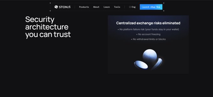 A dark-themed website screenshot for 'STON.fi' with the heading 'Security architecture you can trust' and a section titled 'Centralized exchange risks eliminated' listing benefits like 'No platform failure risk' and 'No account freezing'.