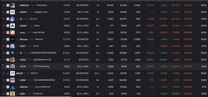 Cryptocurrency tracking dashboard showing meme coins including PANCHU, HAPPY, AI, KAIRO, cree, Minerva, ACAT, PI, USDC, HTTP, ARCAT, USDC, ARCUS, and CINU with their price changes.