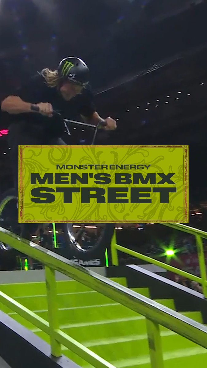 A BMX rider wearing a Monster Energy helmet launches off a green rail in an arena, with a "Monster Energy Men's BMX Street" graphic overlaid on the action shot, celebrating Boyd Hilder's bronze medal at the X Games League Championship in New Orleans.