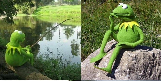 Two photos of a Kermit the Frog figure depicted as fishing by a lake and sitting contemplatively on a rock in a natural outdoor setting.
