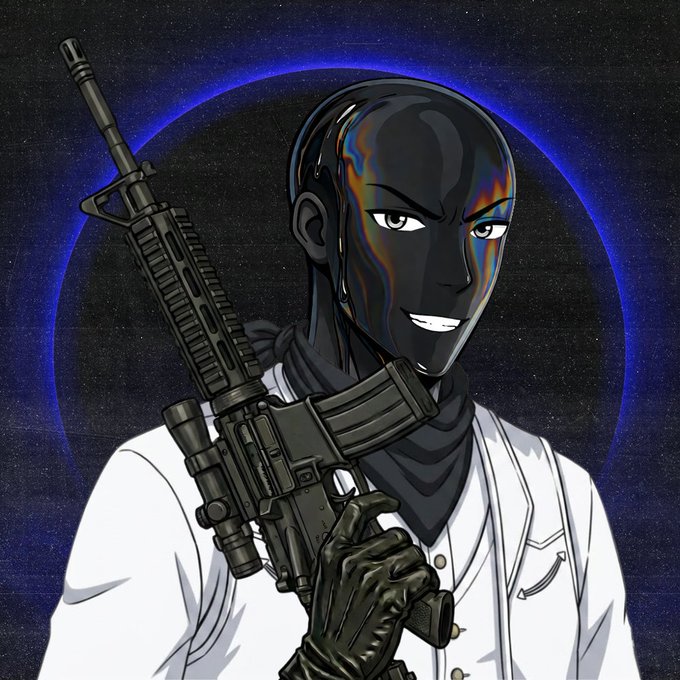 An anime-style illustration of a character in a white coat and black balaclava holding an assault rifle, set against a dark starry background with a glowing blue ring.