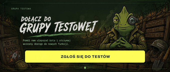 A banner for 'GRUPA TESTOWA' titled 'DOŁĄCZ DO GRUPY TESTOWEJ' shows an anthropomorphic chameleon in military gear next to a yellow button reading 'ZGŁOŚ SIĘ DO TESTÓW'.