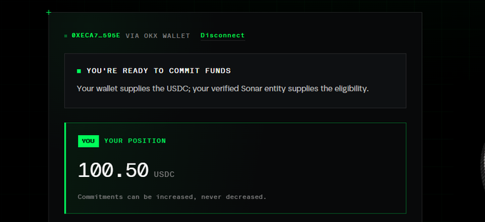 OKX wallet interface showing 'YOU'RE READY TO COMMIT FUNDS' with a position of 100.50 USDC for wallet 0xECA7...595E.