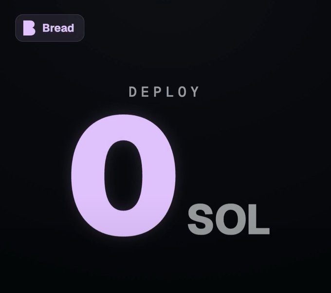 A dark splash screen showing "DEPLOY" text with a large glowing purple "0" and "SOL" label, with the "Bread" app logo in the top-left corner.