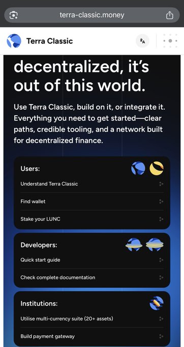 A mobile screenshot of the Terra Classic website (terra-classic.money) displaying its tagline "decentralized, it's out of this world" along with categorized sections for Users, Developers, and Institutions—featuring options like staking LUNC, accessing developer documentation, and building payment gateways. The post complements the image by promoting Terra Classic as a collaborative ecosystem for builders across DeFi, infrastructure, AI, gaming, and real-world applications.