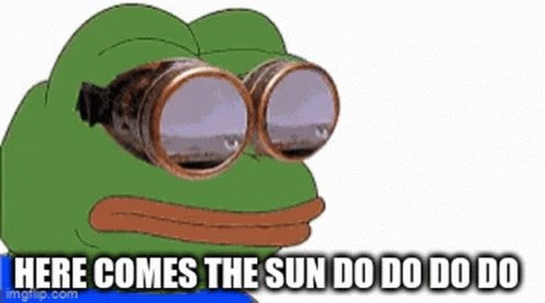 The image features a green frog with goggles on its face, giving it an odd or quirky appearance. The text "Here comes the sun do do" is written above the frog's head, which could be interpreted as a humorous statement about the sun coming out after a long period of darkness.