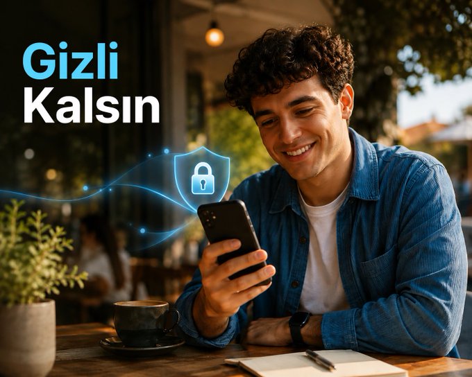 Man smiling while looking at his phone in a cafe setting, with a security shield icon and the text 'Gizli Kalsın' overlaid on the image.