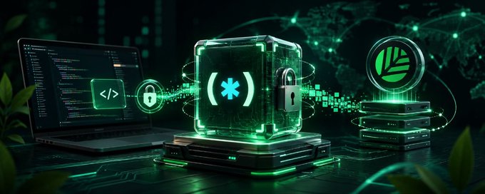 A digital artwork depicts a glowing green security/cybersecurity theme featuring a laptop with code, a central padlocked cube containing an asterisk, and a Litecoin-style coin on a server stack, surrounded by pixelated data streams.