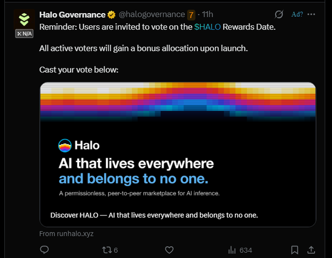 A tweet from @halogovernance promoting HALO, described as 'AI that lives everywhere and belongs to no one,' with a permissionless, peer-to-peer marketplace for AI inference.