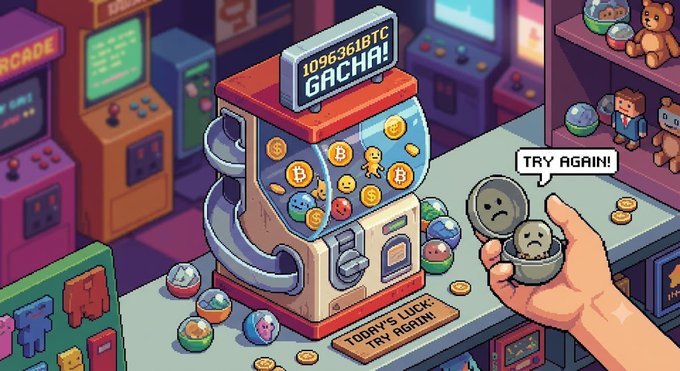 A pixel-art arcade scene shows a "1096361BTC GACHA!" capsule machine dispensing sad-faced toys as a hand opens one saying "TRY AGAIN!", with a "TODAY'S LUCK: TRY AGAIN!" doormat, humorously illustrating the failed gacha attempt mentioned in the post about the MemeBitcoin (MBTC) project.