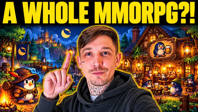 A colorful YouTube-style gaming thumbnail showing a man pointing upward in front of a fantasy MMORPG village scene, with large yellow text across the top reading “A WHOLE MMORPG?!”