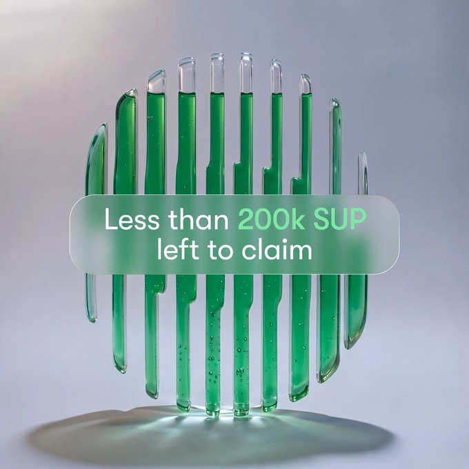 Green glass test tubes filled with liquid stand in a circular formation against a soft gradient background, overlaid with the text "Less than 200k SUP left to claim" — visually echoing the post's warning that fewer than 200,000 SUP rewards remain in the SuperBoring streaming pool on Base, Arbitrum, and Optimism.