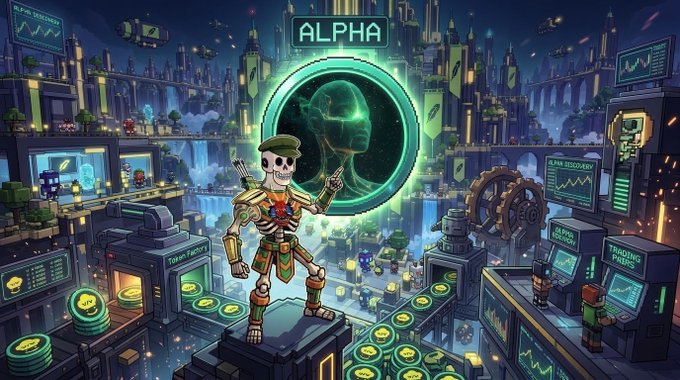 A futuristic cyberpunk cityscape features a skeletal warrior holding a glowing green orb labeled "ALPHA," surrounded by screens displaying "BURN DISCOVERY," "TOKEN RESERVE," "ALPHA DISCOVERY," and "TRADING PANEL," visually tying into the post's theme of uncovering hidden alpha within the @vibevibefun ecosystem through holding $SPARK.