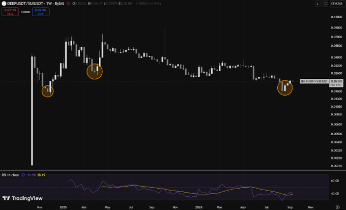 A TradingView chart shows the price action of the "DEEPUSD/SUSDOT" trading pair from 2025 through September, featuring candlestick patterns and an RSI indicator with highlighted areas.