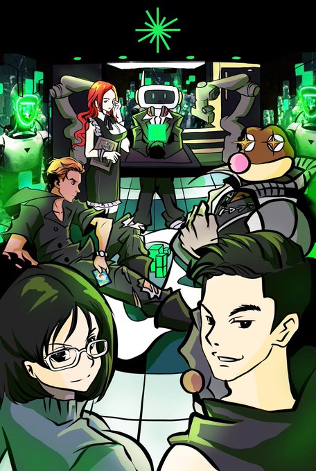 The image depicts a group of stylized anime-like characters gathered in a futuristic, green-lit robotics lab, with one character wearing a VR headset and Japanese text "ボタン" (button) visible on another's sleeve. It visually represents the "people behind the project" mentioned in the post, illustrating the collaborative, community-driven aspect of participating in @axisrobotics beyond just the technology itself.