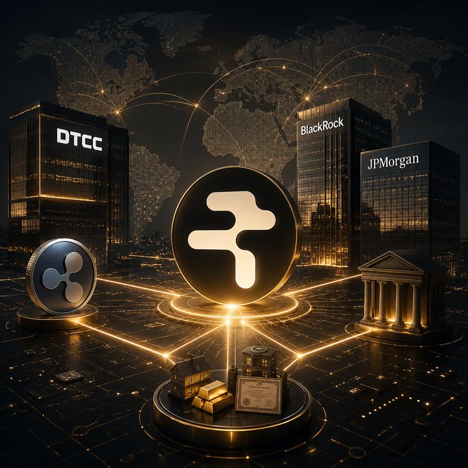 The image features a digital illustration of a cityscape with numerous buildings, including one labeled "BlackRock", another named "JDPMorgan", and three others with names such as "Ripple" and "DDTCC". The scene also includes various symbols associated with cryptocurrency, such as "Bitcoin", the "DTC" symbol, and tokens. There is a connection between these objects and text in the image that reads: "DDTCC tokenized security launch in 2026, bringing $114T in custody onchain. BlackRock, JPMorgan, and Ripple involved, the shift is real. @RialoHQ connects TradFi and RWAs through real-time data, seamless integration, scalable infrastructure, institutional-grade settlement". This suggests that these objects are related to cryptocurrency trading or blockchain technology, and they have been integrated into a digital platform in order to facilitate real-time transactions.