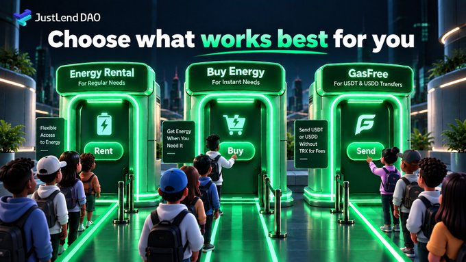 A promotional image for JustLend DAO titled "Choose what works best for you," depicting crowds approaching three glowing service booths labeled "Energy Rental - For Regular Needs," "Buy Energy - For Instant Needs," and "GasFree - For USDT & USD0 Transfers." The graphic visually reinforces the post's message about offering multiple flexible options—Energy Rental, Buy Energy, and GasFree—for handling various TRON transactions.