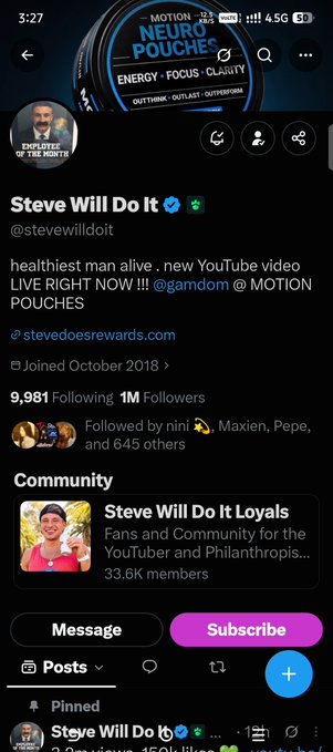 A Twitter/X profile page for 'Steve Will Do It' (@stevewilldoit) with 1M followers, featuring a bio promoting his YouTube video and a 'MOTION POUCHES' advertisement for energy, focus, and clarity.