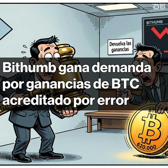 A Spanish-language cartoon illustration depicts two men in a courtroom scene with a sign reading 'Devuelva las ganancias' (Return the earnings) and a 'BITHUMB' logo with red arrows pointing down, captioned 'Bithumb gana demanda por ganancias de BTC acreditado por error' (Bithumb wins lawsuit for BTC profits credited by error), showing a Bitcoin coin worth 620,000.