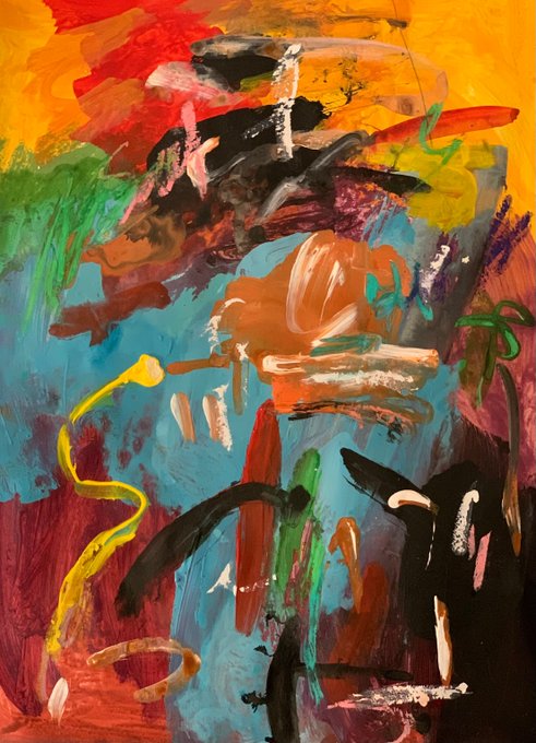 An abstract painting featuring bold, gestural brushstrokes in vibrant colors including blue, orange, yellow, black, and green.