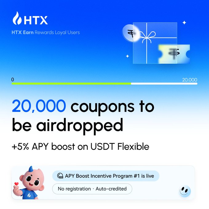 The image is a colorful poster that announces about a rewards program called "HTX" (HTX exchange). It mentions an exciting opportunity where users can earn 20,000 coups by using their USDT Flexible cards for discounts at various stores. To participate in this program, users need to be registered and should have both USDT and USDT Flexible cards ready. The poster also includes a small image of a cute cartoon baby holding up the rewards sign.