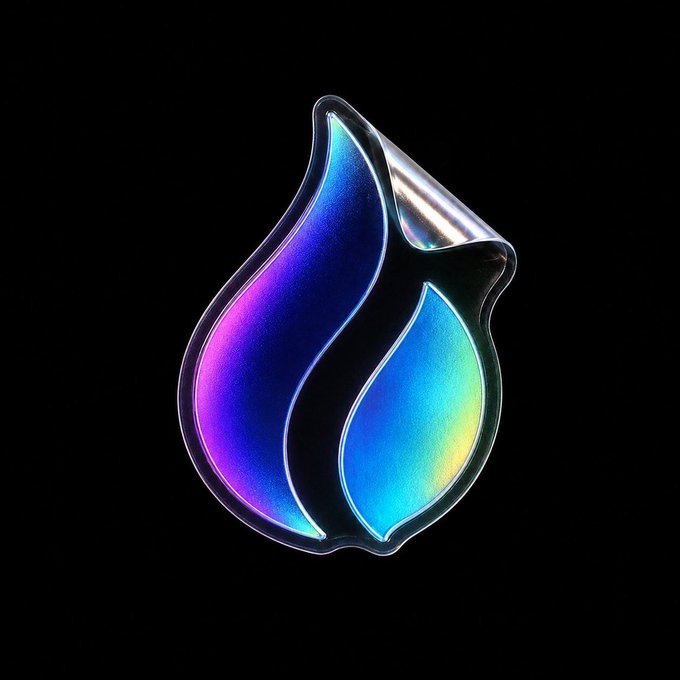 A glossy, iridescent water drop-shaped sticker with vibrant blue, purple, and yellow hues displayed against a black background. The shimmering, holographic finish gives the droplet an eye-catching, three-dimensional appearance suitable for the offered sticker giveaway.