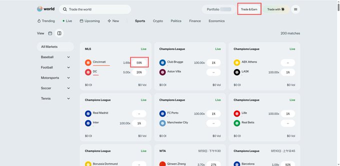 The image shows a screenshot of the World platform's prediction interface, highlighting the "Trade & Earn" button in the upper right corner with a red box, alongside various live sports prediction markets including MLS, Champions League, and WTA matches with odds displayed (e.g., Cincinnati vs DC at 1.69x, Club Brugge vs Aston Villa at 1.09x). The interface demonstrates the specific "Trade & Earn" feature the user is referencing in their tutorial about completing World platform airdrop tasks through prediction betting.