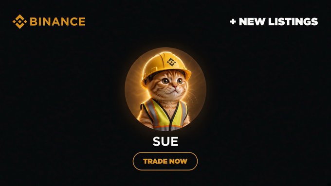 Binance "New Listings" advertisement for a memecoin called "SUE," featuring a cat wearing a yellow hard hat and safety vest.