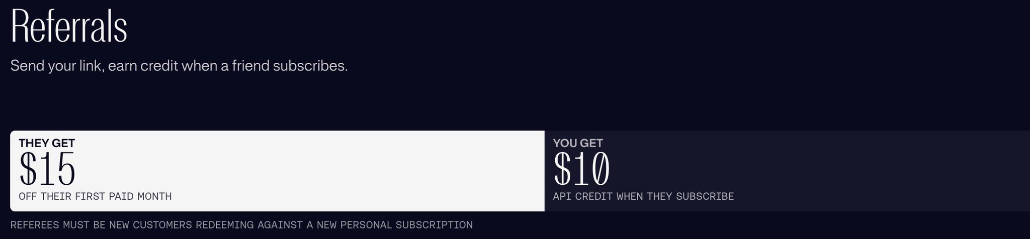 A dark-themed "Referrals" promotional banner from Nous Portal showing "THEY GET $15 OFF THEIR FIRST PAID MONTH" and "YOU GET $10 API CREDIT WHEN THEY SUBSCRIBE," visually confirming the referral discount details mentioned in the post.