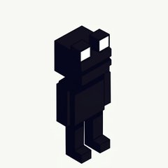 A black pixel-art character with white rectangular eyes, rendered in an isometric style against a light gray background.