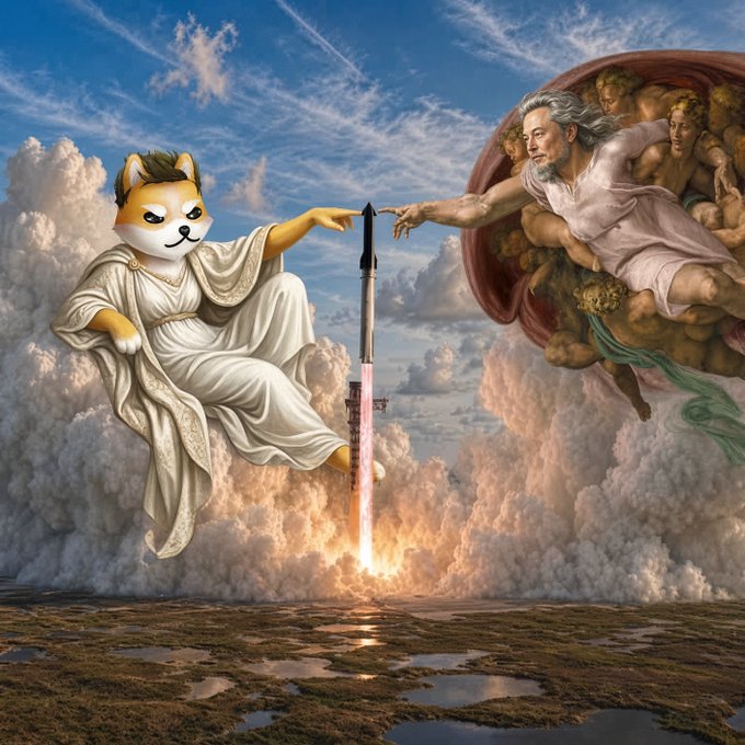 A parody of Michelangelo's 'Creation of Adam' featuring a Doge/Shiba Inu character reaching toward a god figure, with a SpaceX rocket launching between them.