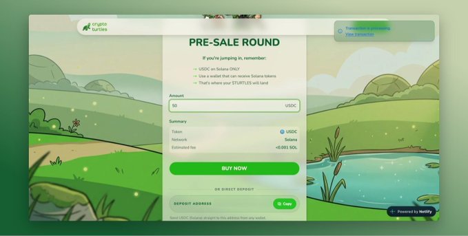 A 'PRE-SALE ROUND' page for Unqora Turtles on the Netlify platform, showing an option to buy 50 USDC tokens on the Solana network, with an estimated fee of <0.001 SOL.