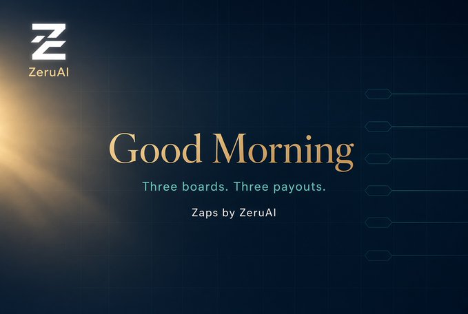 A dark blue graphic with the ZeruAI logo in the top-left displays the text 'Good Morning' in large gold letters, followed by 'Three boards. Three payouts.' and 'Zaps by ZeruAI' in lighter text.