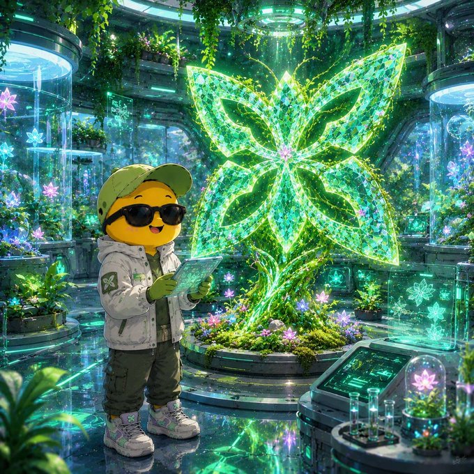 A digital illustration features a smiling yellow emoji character wearing a green cap, sunglasses, and a beige jacket, holding a tablet in a futuristic greenhouse with glowing plants and a large green crystalline flower.