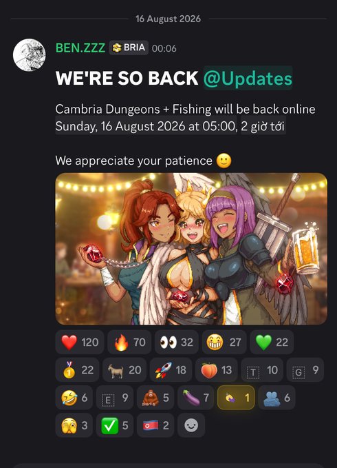 A social media post from BEN.ZZZ announcing 'WE'RE SO BACK @Updates' that Cambria Dungeons + Fishing will be back online Sunday, 16 August 2026 at 05:00, with an illustration of three anime-style characters.