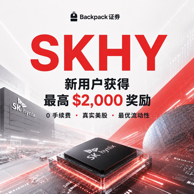 An advertisement for Backpack证券 promoting SK Hynix (SKHY) stock, offering new users up to $2,000 rewards, with features including 0手续费, 真实美股, and 最优流动性 (best liquidity), featuring an SK hynix chip image.