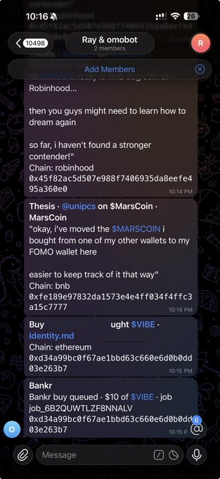 A Telegram group chat screenshot named "Ray & omobot" (2 members) showing messages from users Robinhood, Thesis (@unipcs on $MarsCoin), ethereum, and Bankr discussing $MARSCOIN and $VIBE transactions with blockchain transaction hashes.