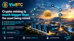 A promotional graphic for ViaBTC advertises 'Crypto mining is much bigger than the asset being mined,' accompanied by icons highlighting reliability, stable revenue, and efficient, worry-free services.