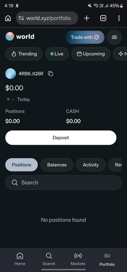 A mobile screenshot of the world.xyz portfolio page showing a wallet with $0.00 balance, $0.00 in positions and cash, despite the user's claim of having deposited $40 that has not appeared in their account.