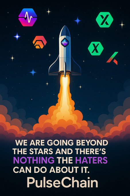 PulseChain rocket launch promotional graphic featuring logos for PulseChain, Hex, X, and other tokens with text 'We are going beyond the stars and there's nothing the haters can do about it.'
