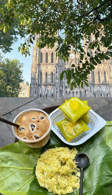 A collage featuring a Gothic cathedral with a clock tower viewed through green leaves at the top, and below, an iced coffee, yellow wrapped food, and yellow noodles served on a large green leaf.