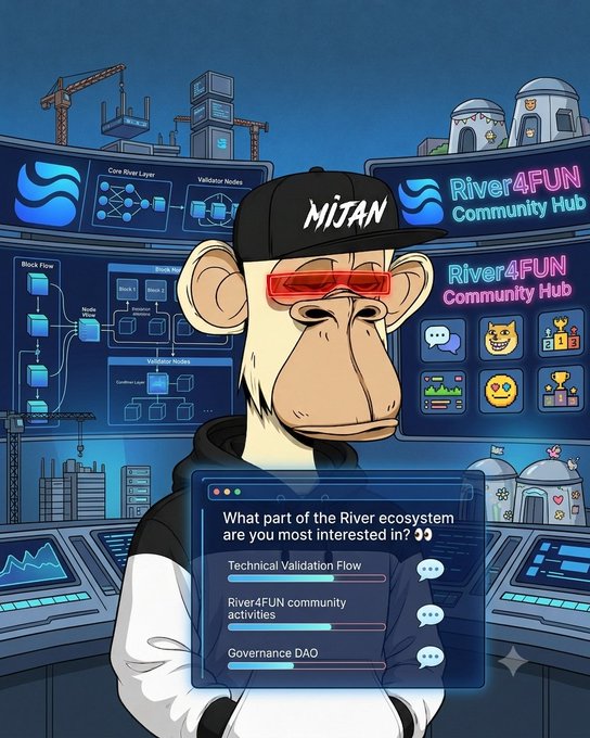 Digital artwork featuring a Bored Ape-style monkey character wearing a 'MIJAN' cap and red sunglasses, standing in front of screens displaying 'River4FUN Community Hub' information and a poll about the River ecosystem.