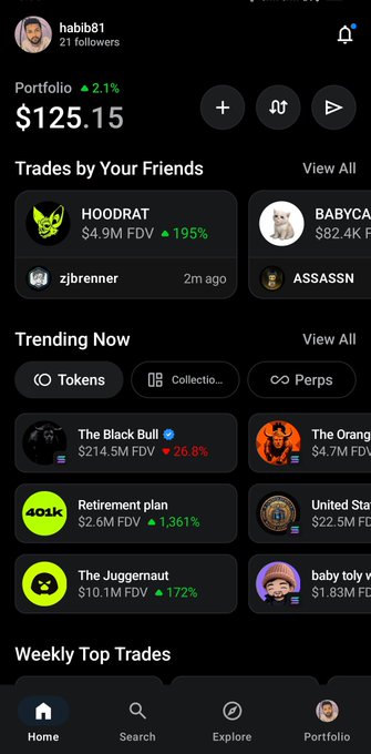 Mobile app screen showing a user profile 'habib81' with a $125.15 portfolio, featuring sections for 'Trades by Your Friends' (HOODRAT, BABYCA) and 'Trending Now' with tokens like 'The Black Bull' and 'Retirement plan'.