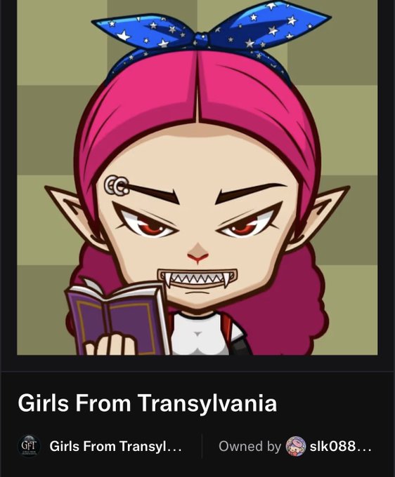 An NFT profile picture of an animated girl with pink hair, sharp teeth, elf ears, a blue starry bandana, and a 'CG' eyebrow piercing, titled 'Girls From Transylvania' and owned by 'slk088...'.