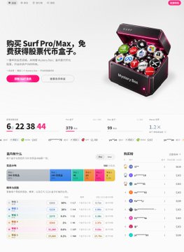 A webpage showing a countdown timer '6 22 38 44' with Chinese text promoting 'Surf Pro/Max' products, including a silver box of Monster Print figurine toys.