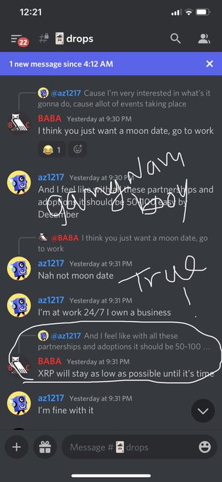 A screenshot of a Discord conversation in a channel called '# drops' discussing XRP cryptocurrency prices and predictions, with handwritten annotations 'Nom tru' pointing to a user's message.